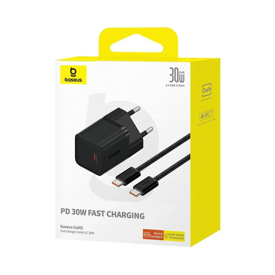 Baseus P10110902113-01 30W USB-C GaN kiirlaadija 1 port must, kaabel komplektis - 7