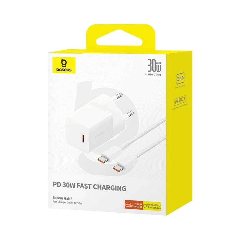 Baseus P10110902213-01 30W USB-C GaN5 valge seinalaadija, kiirlaadimisega, 1 m USB-C kaabel komplektis – 7