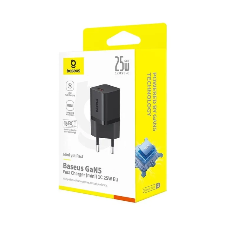 Baseus P10110909113-00 25W USB-C GaN kiirlaadija, must, koos USB-C kaabliga