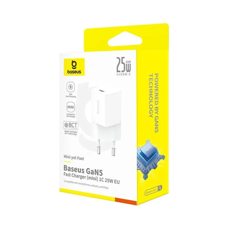 Baseus P10110909213-00 25W valge GaN USB-C kiirlaadija Power Delivery ja QC 3.0, 1 port, kaabel komplektis - 5