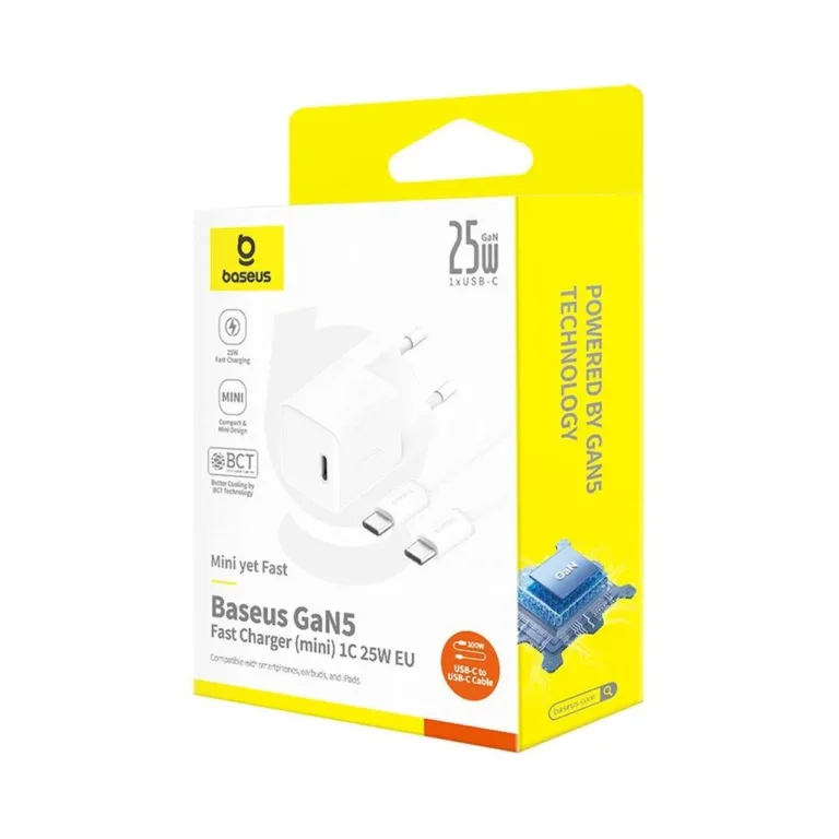 Baseus P10110909213-01 25W valge GaN USB-C kiirlaadija, 1 port, AC, kaasas USB-C kaabel