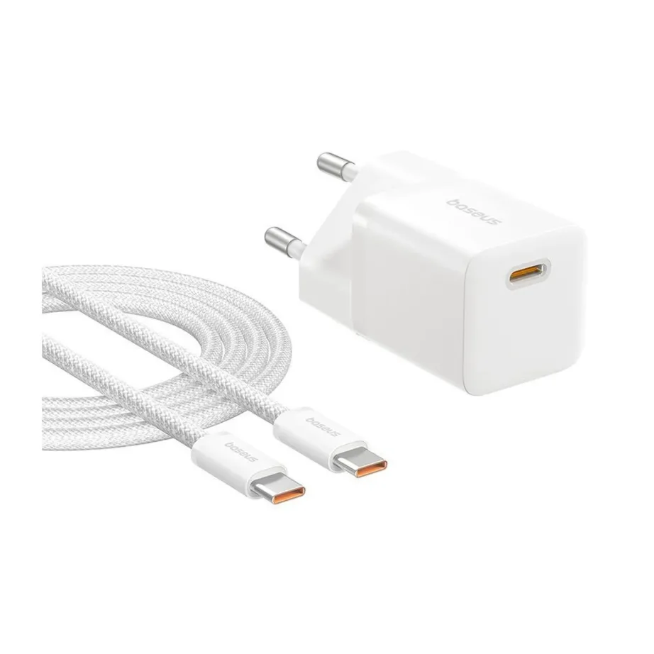 Baseus P10110909213-01 25W valge GaN USB-C kiirlaadija, 1 port, AC, kaasas USB-C kaabel