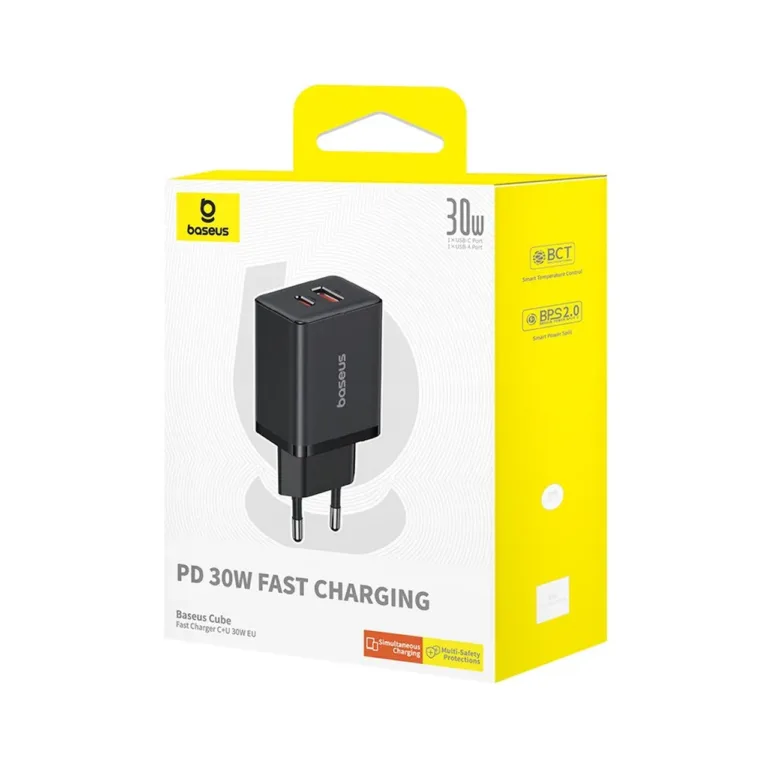 Baseus P10111404113-00 Cube 30W must USB-C ja USB-A seinalaadija, 2 seadmele, 40x28x64,5 mm