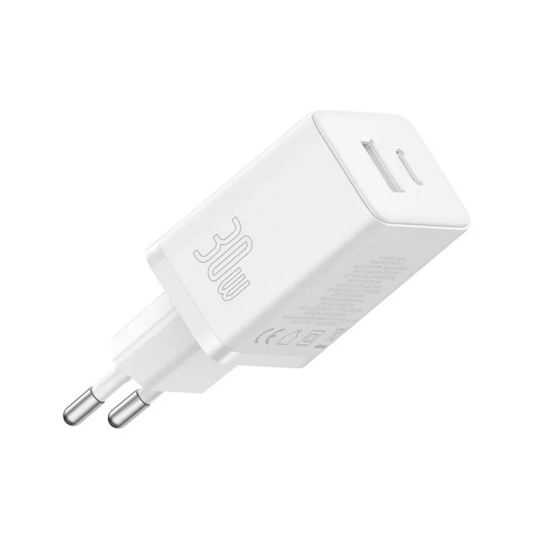 Baseus P10111404213-00 Cube 30W valge USB-C ja USB-A seinalaadija (64,5x40x28 mm) kiirlaadimisega, 2 seadmele