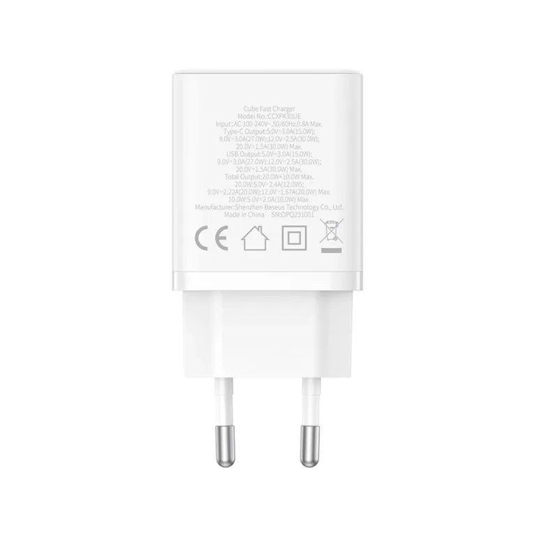 Baseus P10111404213-00 Cube 30W valge USB-C ja USB-A seinalaadija (64,5x40x28 mm) kiirlaadimisega, 2 seadmele