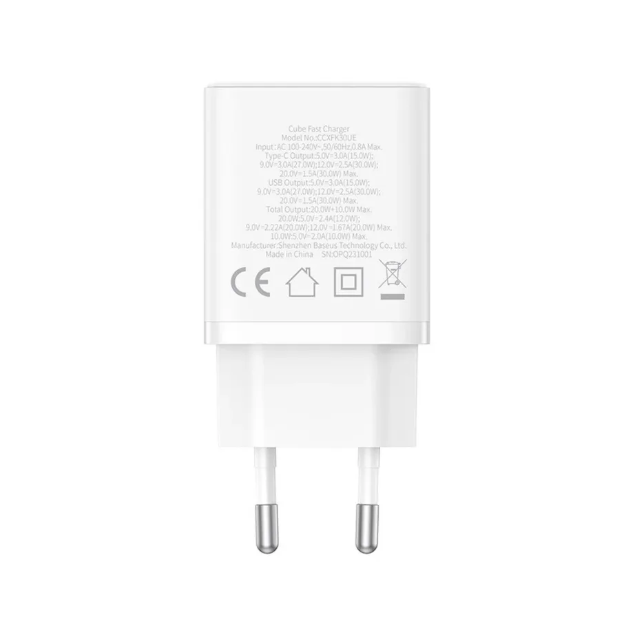 Baseus P10111404213-00 Cube 30W valge USB-C ja USB-A seinalaadija (64,5x40x28 mm) kiirlaadimisega, 2 seadmele - 3