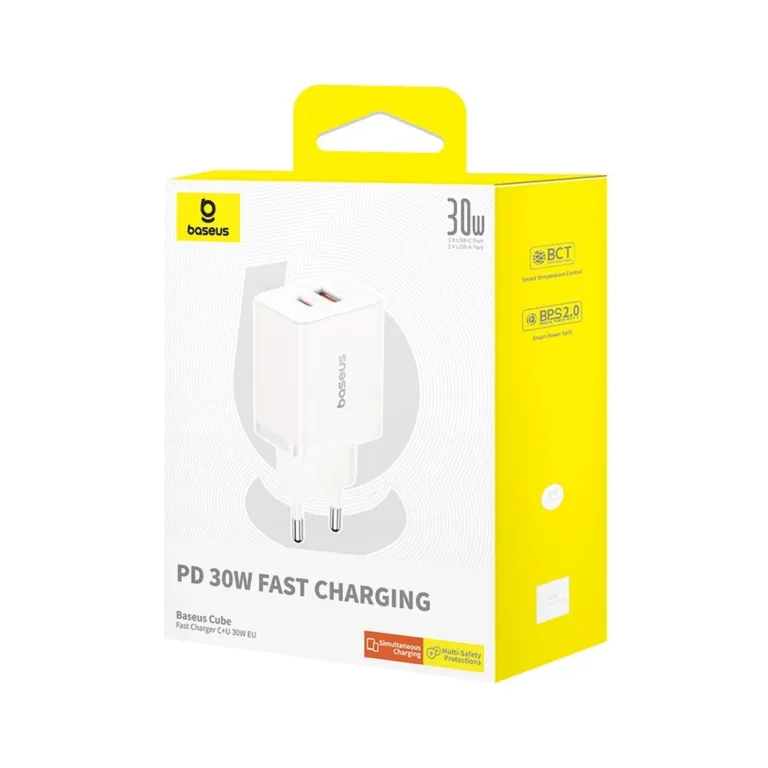 Baseus P10111404213-00 Cube 30W valge USB-C ja USB-A seinalaadija (64,5x40x28 mm) kiirlaadimisega, 2 seadmele