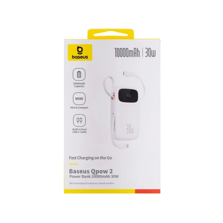 Baseus QPow2 P10055008213-00 10000 mAh 30W valge kiirlaadimisega LiPo akupank USB-C/USB-A, kuni 4 seadmele, digitaalse ekraaniga