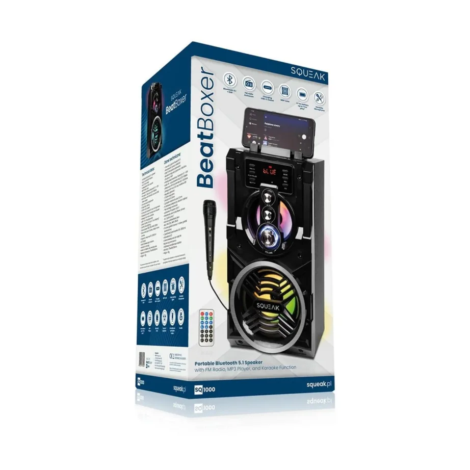 BeatBoxer SQUEAK SQ1000 must 20W kaasaskantav Bluetooth 5.1 kõlar karaoke ja LED-ekraaniga, FM-raadio, 7h aku – 9