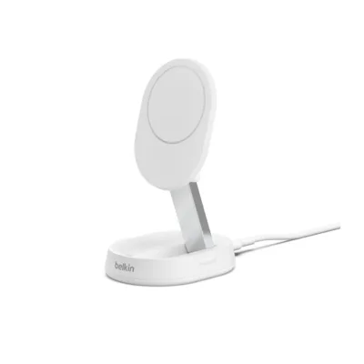 Belkin BoostCharge Pro WIA008VFWH 15W valge juhtmevaba kiirlaadimisalus iPhone 12–15 seeria telefonidele, USB-C kaabel ja toiteadapter komplektis