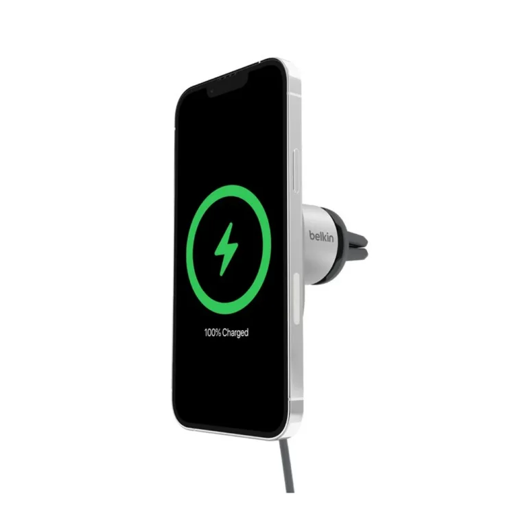 Belkin BoostCharge Pro WIC008BTGR-V2 15W MagSafe-valge/hõbedane juhtmevaba autolaadija USB-C 1,5 m kaabli ja 20W toiteplokiga, iPhone'i ja Qi2 seadmetele