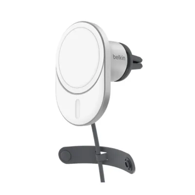 Belkin BoostCharge Pro WIC008BTGR-V2 15W MagSafe-valge/hõbedane juhtmevaba autolaadija USB-C 1,5 m kaabli ja 20W toiteplokiga, iPhone'i ja Qi2 seadmetele