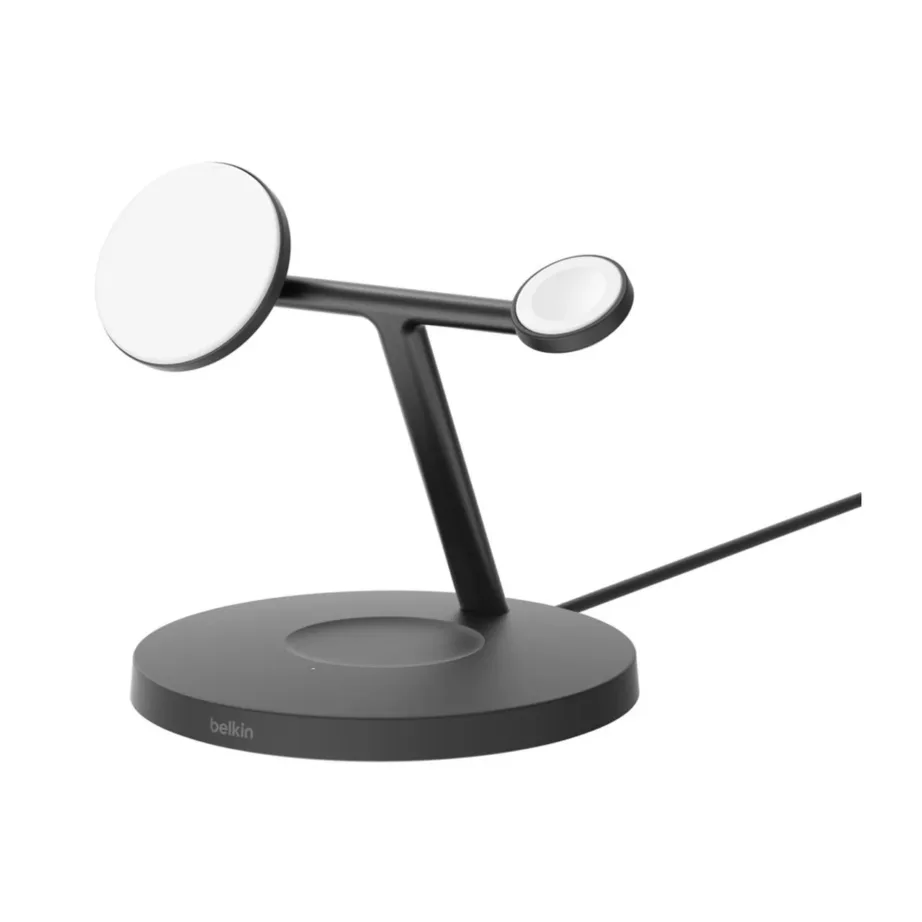 Belkin BoostCharge Pro WIZ032KQBK must 3-ühes juhtmevaba MagSafe Qi2 kiirlaadimisjaam nutitelefonile, nutikellale ja kõrvaklappidele, 40W USB-adapter, 1,5 m kaabel – 2