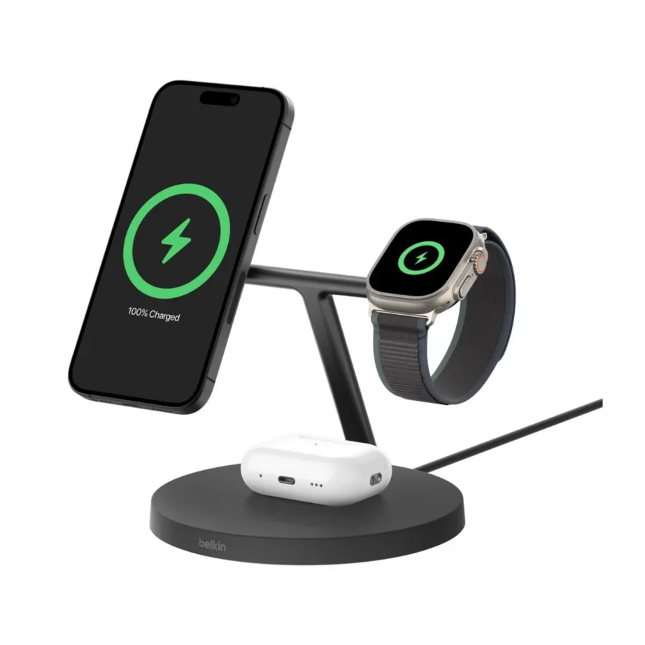 Belkin BoostCharge Pro WIZ032KQBK must 3-ühes juhtmevaba MagSafe Qi2 kiirlaadimisjaam nutitelefonile, nutikellale ja kõrvaklappidele, 40W USB-adapter, 1,5 m kaabel – 4