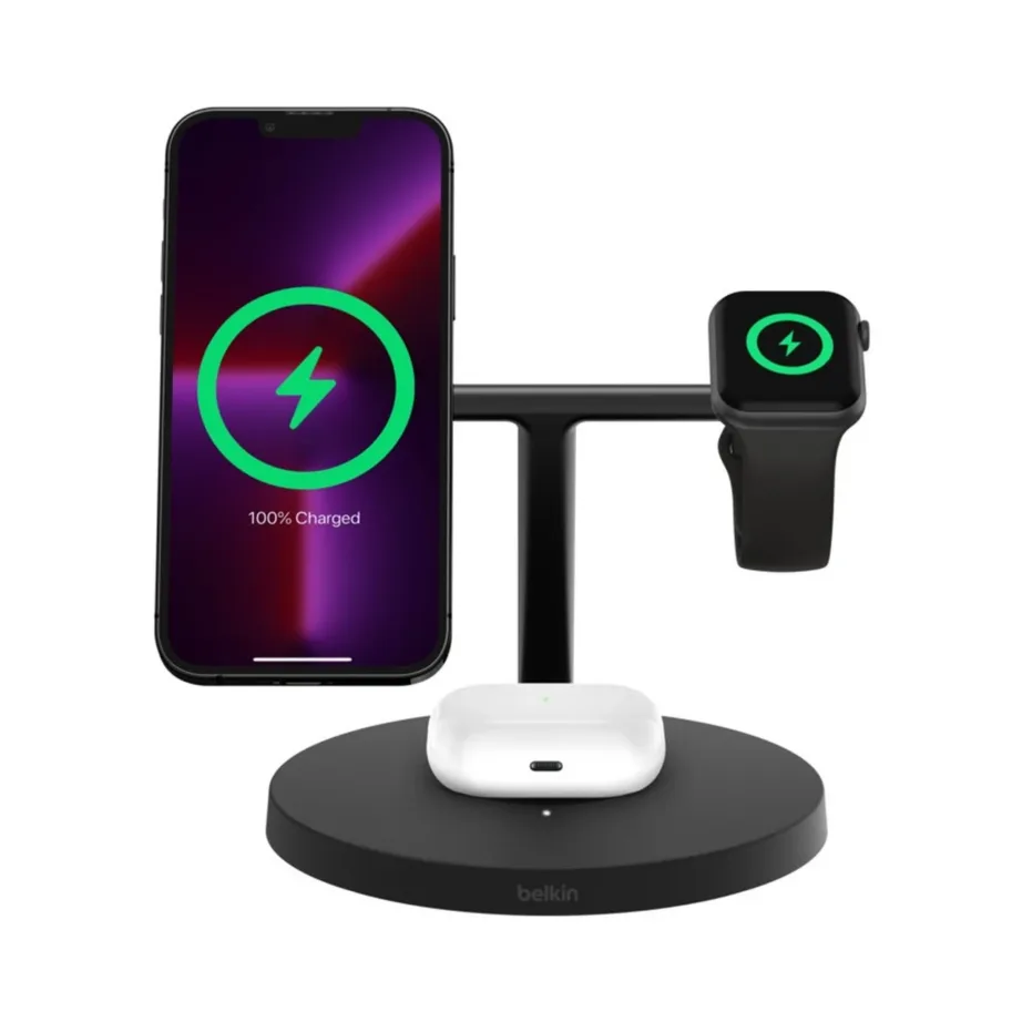 Belkin BoostCharge Pro WIZ032KQBK must 3-ühes juhtmevaba MagSafe Qi2 kiirlaadimisjaam nutitelefonile, nutikellale ja kõrvaklappidele, 40W USB-adapter, 1,5 m kaabel – 6
