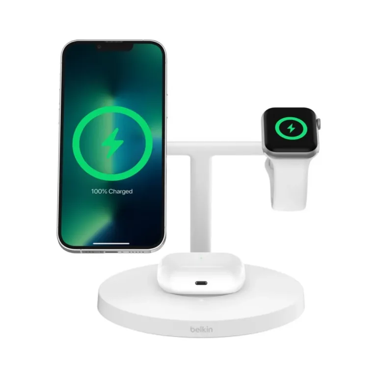Belkin BoostCharge Pro WIZ032KQWH 3-seadme 15W MagSafe Qi2 valge juhtmevaba laadimisjaam (iPhone, Apple Watch, AirPods) USB-toitega, 1,5 m kaabel, kiirlaadimine