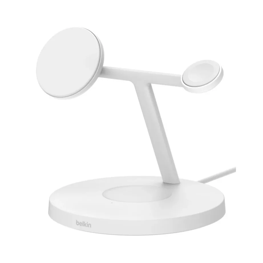 Belkin BoostCharge Pro WIZ032KQWH 3-seadme 15W MagSafe Qi2 valge juhtmevaba laadimisjaam (iPhone, Apple Watch, AirPods) USB-toitega, 1,5 m kaabel, kiirlaadimine