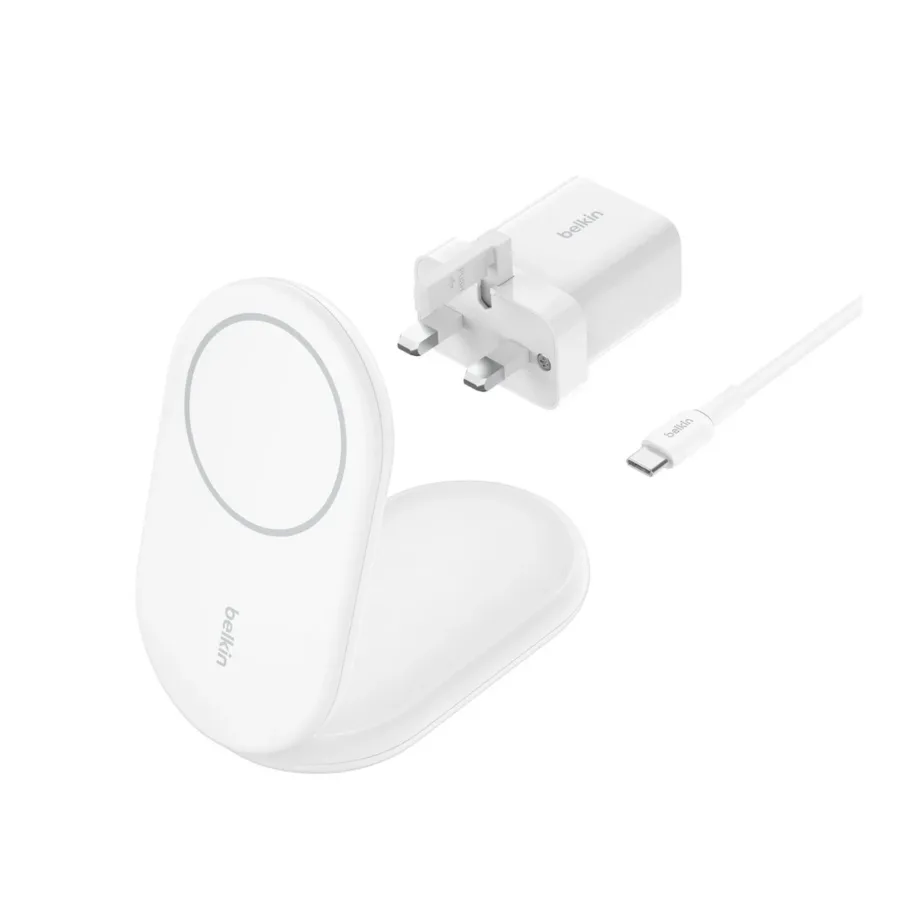 Belkin BoostCharge WIB007VFWH 15 W valge kokkupandav MagSafe ja Qi2 juhtmevaba laadija nutitelefonidele ja kõrvaklappidele, USB-C 1,5 m kaabel ja 20 W adapter komplektis – 2
