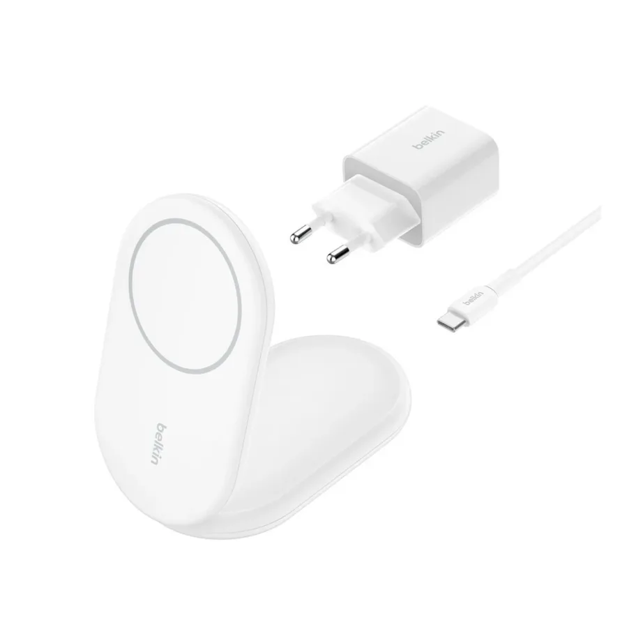 Belkin BoostCharge WIB007VFWH 15 W valge kokkupandav MagSafe ja Qi2 juhtmevaba laadija nutitelefonidele ja kõrvaklappidele, USB-C 1,5 m kaabel ja 20 W adapter komplektis – 3