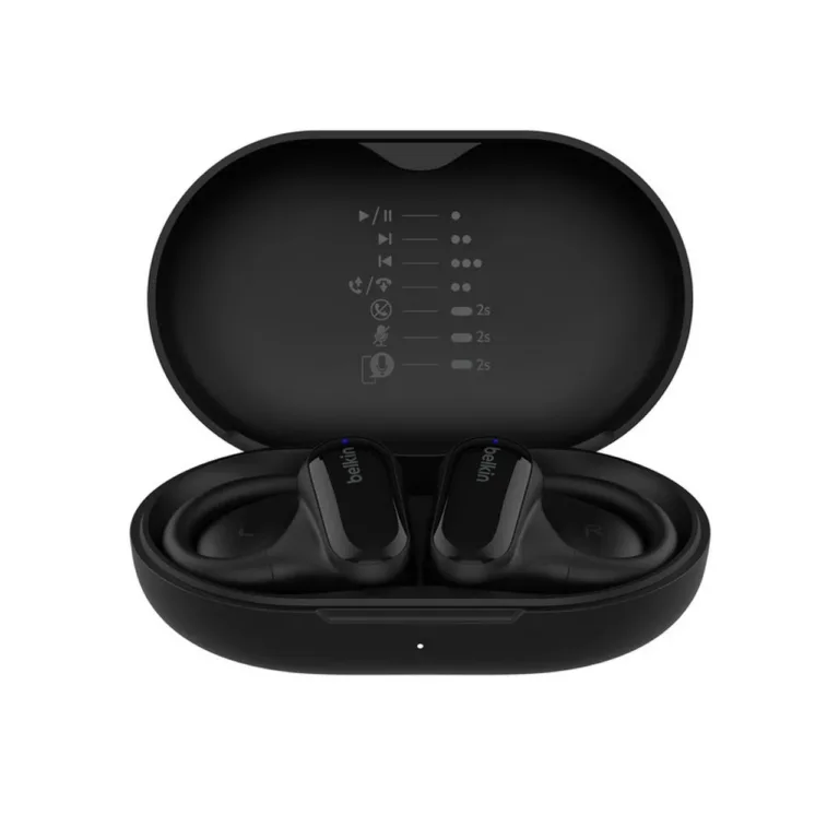 Belkin SoundForm ClearFit AUC013CTBK mustad IPX5 kõrvasangaga TWS juhtmevabad kõrvaklapid, 26 h aku, 4 mikrofoni, puutejuhtimine, laadimiskarp