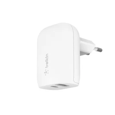 Belkin WCB007VFWH 37W valge kahe pordiga seinalaadija USB-C PD ja USB-A pordiga kiireks nutitelefoni ja tahvelarvuti laadimiseks