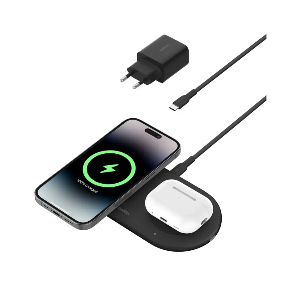 Belkin WIZ021VFBK must 2-in-1 Qi2 juhtmevaba laadimisalus 15 W – 5