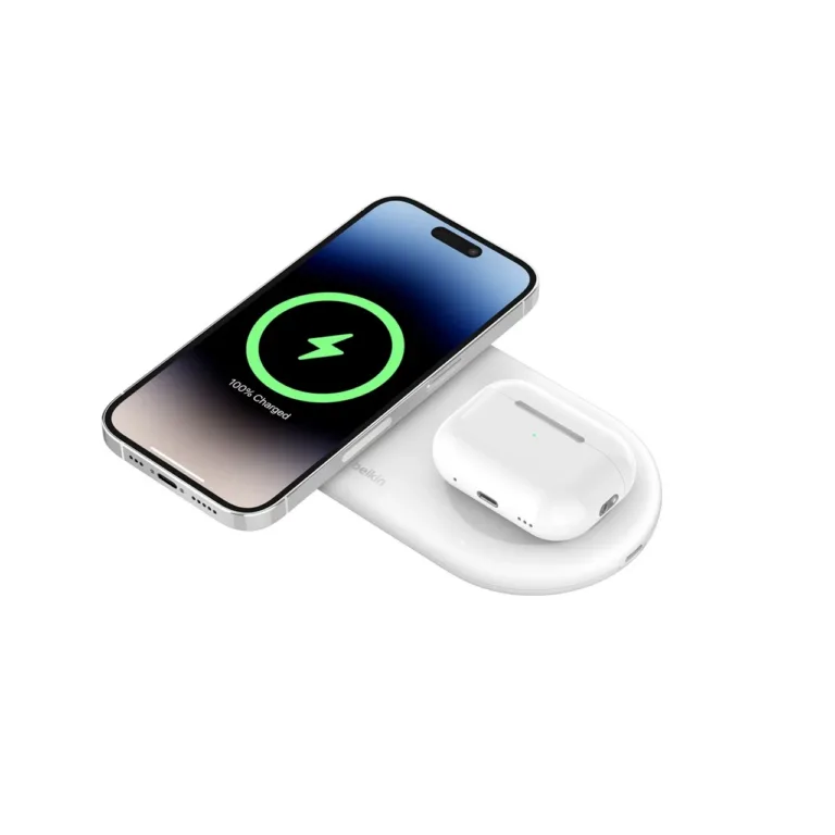 Belkin WIZ021VFWH 15W valge 2-in-1 Qi2 juhtmevaba laadimisalus USB-C kaabliga, lauale