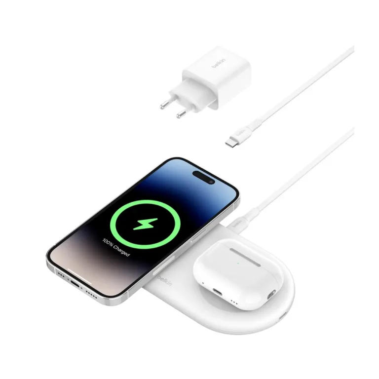 Belkin WIZ021VFWH 15W valge 2-in-1 Qi2 juhtmevaba laadimisalus USB-C kaabliga, lauale