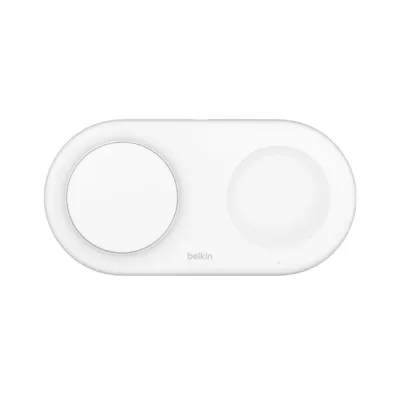 Belkin WIZ021VFWH 15W valge 2-in-1 Qi2 juhtmevaba laadimisalus USB-C kaabliga, lauale
