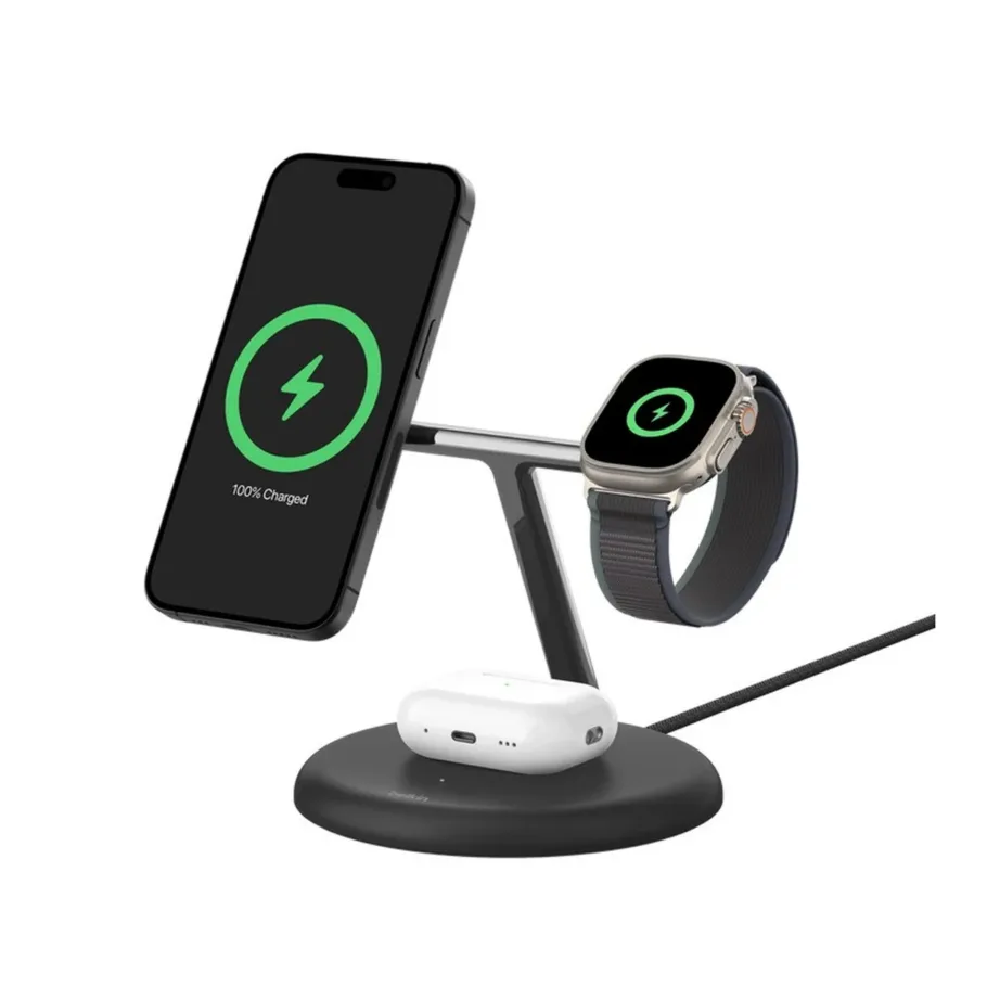 Belkin WIZ023VFWH must 3-in-1 USB juhtmevaba laadimisalus iPhone 12–15, Apple Watchi ja AirPodsi jaoks – 4