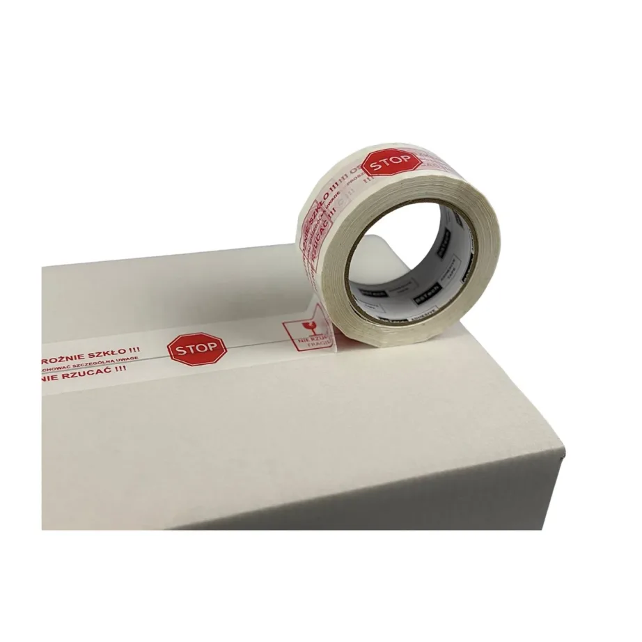 BESTPAK BSTech 48 mm x 100 m valge kummiliimiga pakenditeip punase hoiatustrükiga “Ostrożnie szkło” (1 rull) – 5