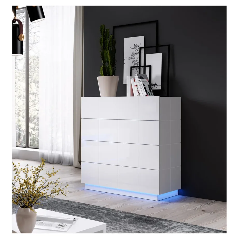 Cama MEBLE REJA 4S LED NI 91x45x104 cm sinise LED-valgustusega 4-sahtliline kummut, pinnapealne, toiteallikas AC