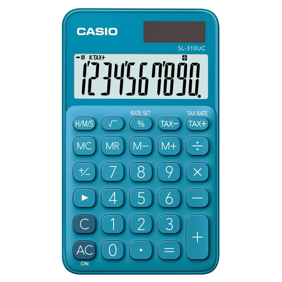 Casio SL-310UC-BU 10-kohaline sinine taskukalkulaator, 70x118x8 mm, päikese- ja patareitoitega