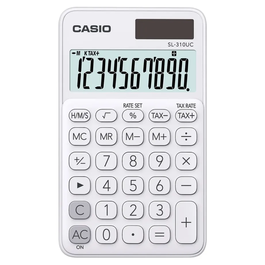 Casio SL-310UC-WE valge 10-kohaline taskukalkulaator 118x70x8 mm, päikese- ja patareitoitega