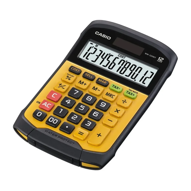 Casio WM-320MT-S 12-kohaline IP54 veekindel taskukalkulaator, must/kollane, eemaldatav klaviatuur, päikese- ja patareitoitega (109x169x33 mm)