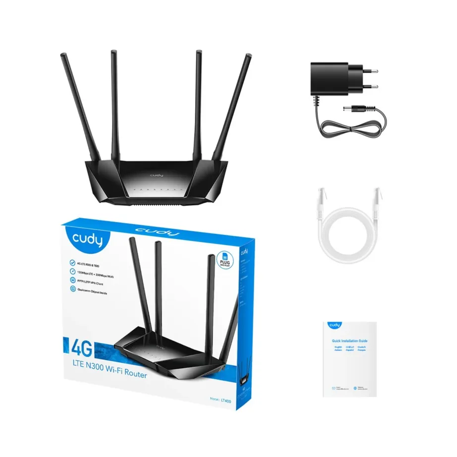 Cudy LT400_EU must 4G LTE SIM-iga Wi-Fi ruuter, 300 Mbps, 2,4 GHz, 4 RJ45-porti, välisantennid – 5