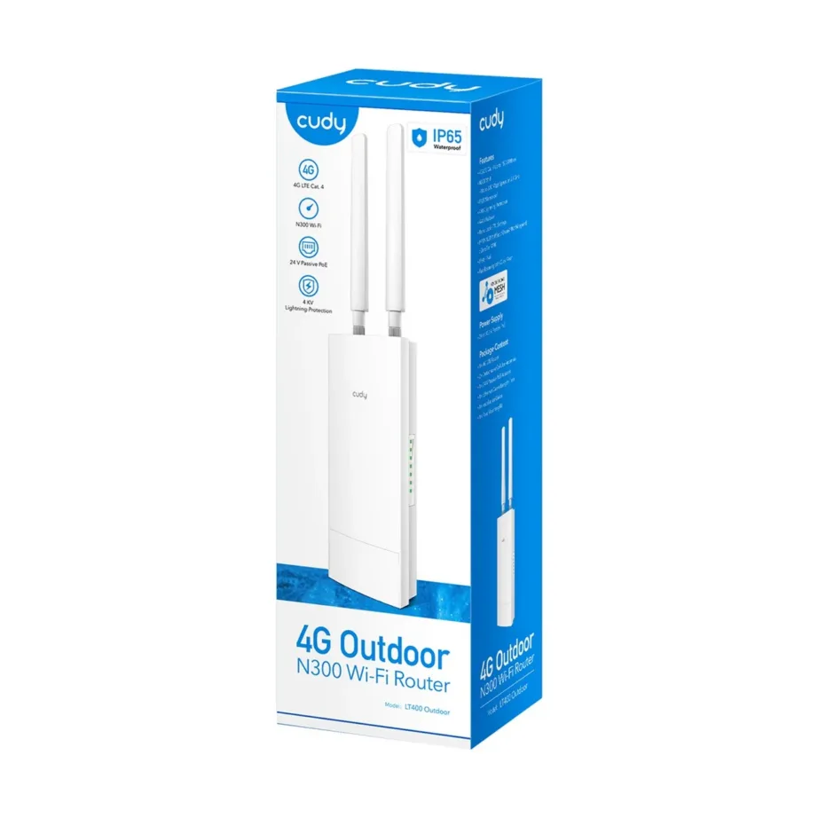 Cudy LT400 OUTDOOR_EU valge IP65 4G LTE väliruuter, 2,4 GHz Wi-Fi 300 Mbit/s, PoE, nanoSIM, Fast Ethernet, seinapaigaldatav – 5