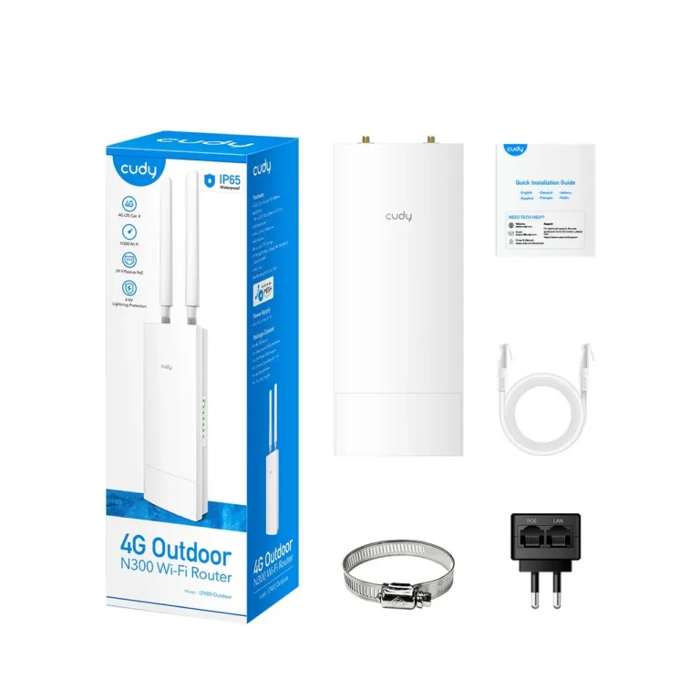 Cudy LT400 OUTDOOR_EU valge IP65 4G LTE väliruuter, 2,4 GHz Wi-Fi 300 Mbit/s, PoE, nanoSIM, Fast Ethernet, seinapaigaldatav