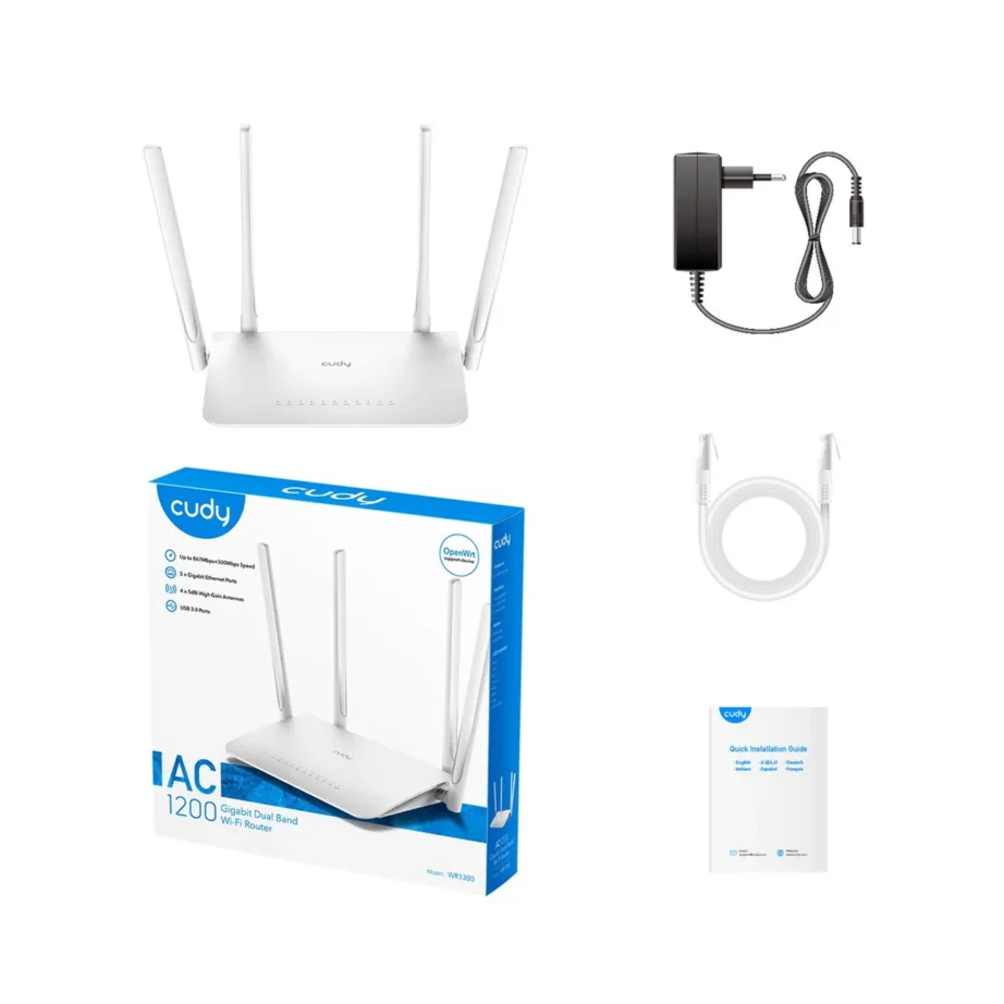 Cudy WR1300 valge kaheribaline Wi-Fi 5 (AC1200) gigabitruuter 4 antenniga, 300+867 Mbit/s, 4x Gigabit LAN, vanemliku järelevalve ja VPN-toega (204,8×137,5×38,3 mm) – 4