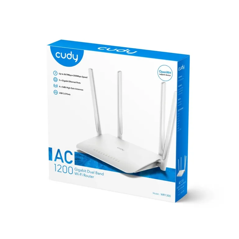 Cudy WR1300 valge kaheribaline Wi-Fi 5 (AC1200) gigabitruuter 4 antenniga, 300+867 Mbit/s, 4x Gigabit LAN, vanemliku järelevalve ja VPN-toega (204,8x137,5x38,3 mm)