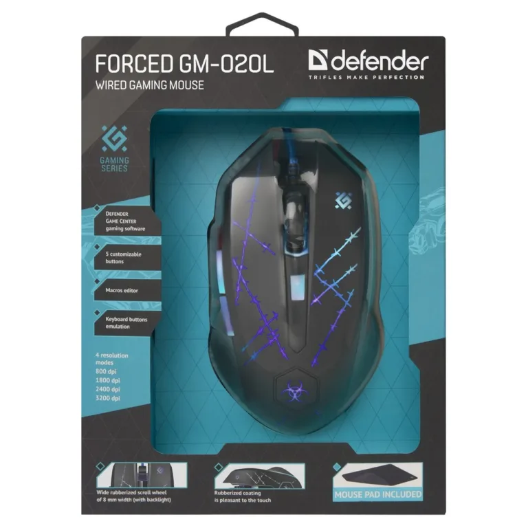 Defender Forced GM-020L 3200 DPI valgustusega USB-mängurihiir 5 nupu ja hiirematiga, must, ambidextrous