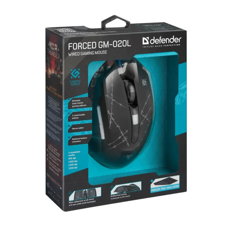 Defender Forced GM-020L 3200 DPI valgustusega USB-mängurihiir 5 nupu ja hiirematiga, must, ambidextrous
