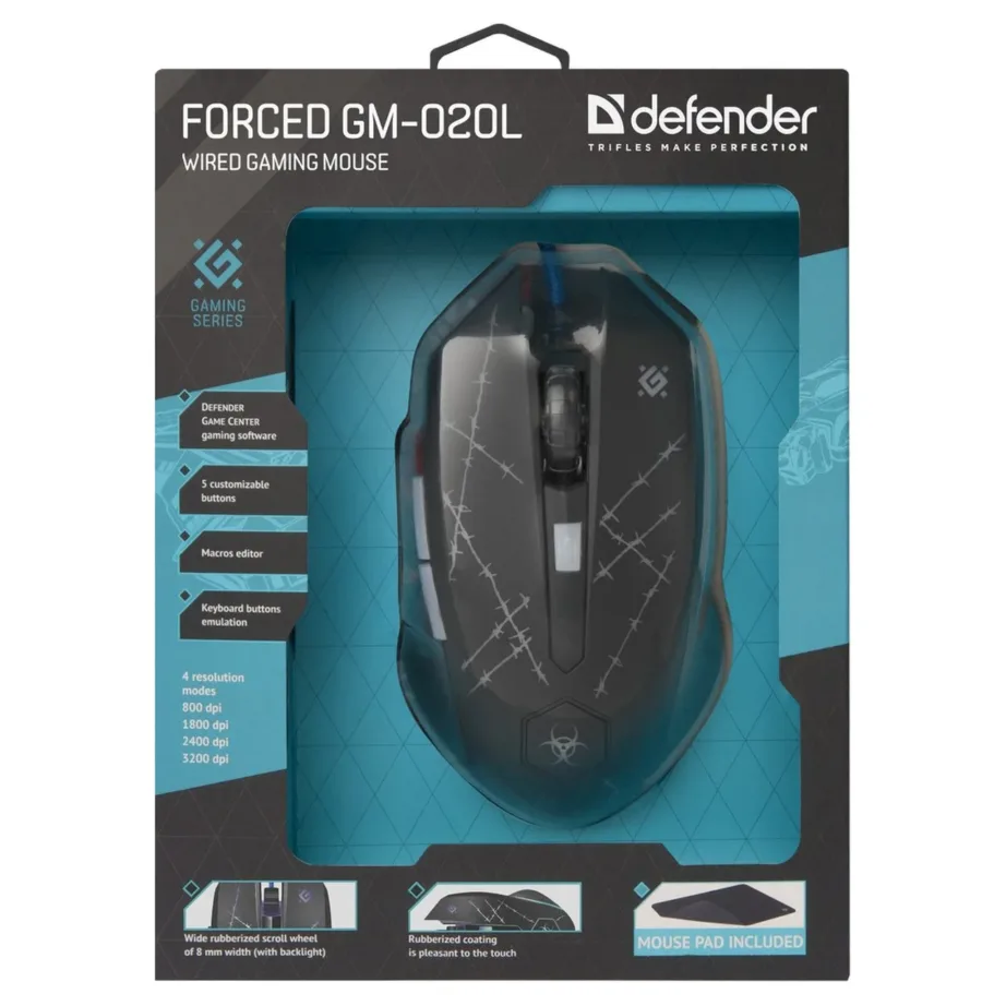 Defender Forced GM-020L 3200 DPI valgustusega USB-mängurihiir 5 nupu ja hiirematiga, must, ambidextrous – 8