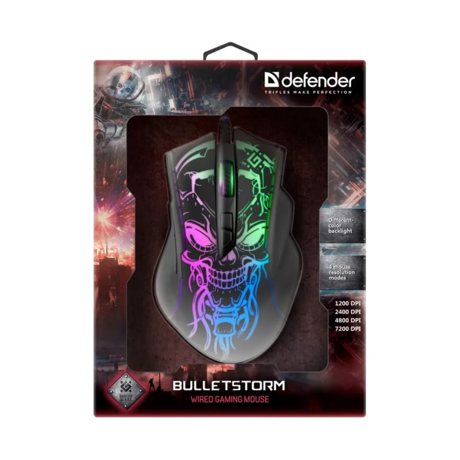 Defender GM-928 Bulletstorm must valgusega ambidextriline mängurihiir, 7200 DPI, juhtmega, 6 nuppu, 1,5 m USB – 5