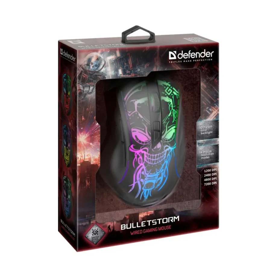 Defender GM-928 Bulletstorm must valgusega ambidextriline mängurihiir, 7200 DPI, juhtmega, 6 nuppu, 1,5 m USB – 6