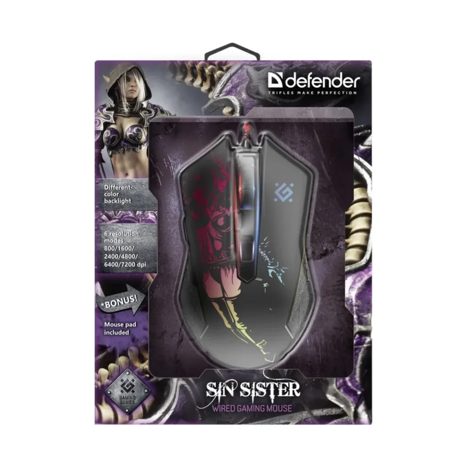 Defender GM-933 Sin’Sister 7200dpi must RGB-valgustusega juhtmega optiline mängurihiir, 1,5 m USB, ambideksterne, 5 programmeeritavat nuppu – 4