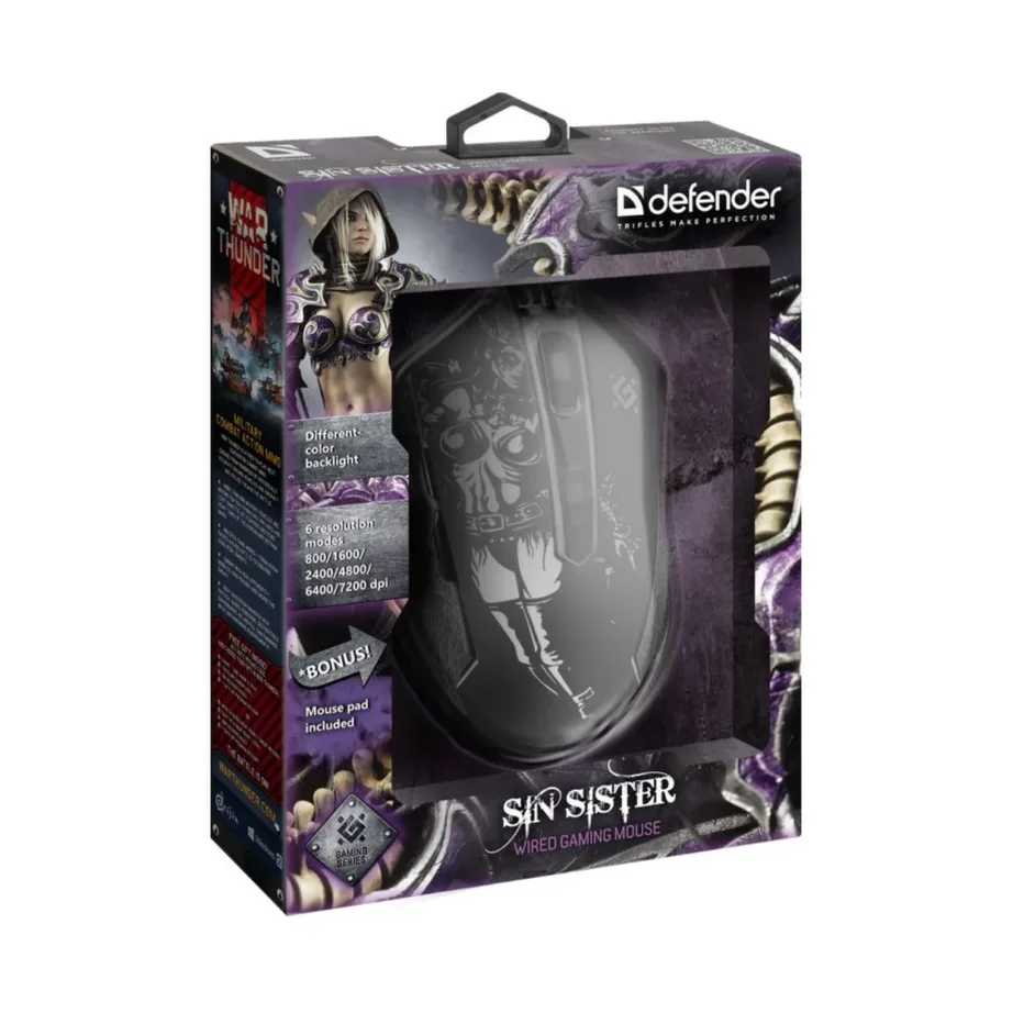 Defender GM-933 Sin’Sister 7200dpi must RGB-valgustusega juhtmega optiline mängurihiir, 1,5 m USB, ambideksterne, 5 programmeeritavat nuppu – 5