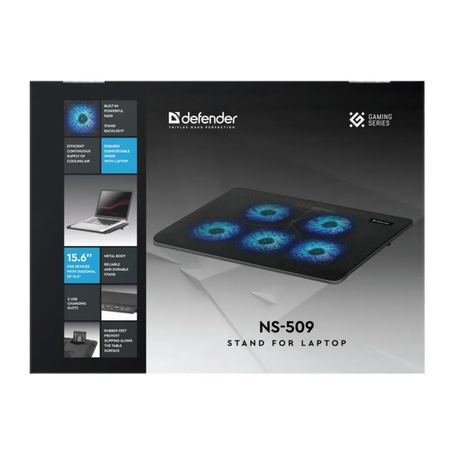 Defender NS-509 must sülearvuti jahutusalus, 15,6″, 5 ventilaatorit, 2x USB, USB-toide – 3