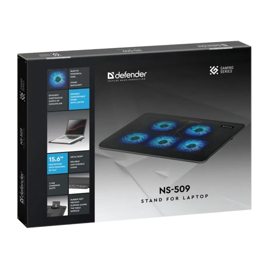 Defender NS-509 must sülearvuti jahutusalus, 15,6″, 5 ventilaatorit, 2x USB, USB-toide – 4