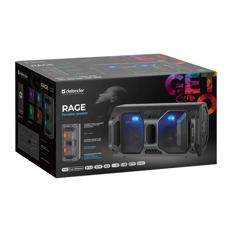 Defender Rage 65109 must 50W kaasaskantav Bluetooth stereo kõlar LED-valguse ja FM-raadioga, 470x240x240 mm, 4000 mAh aku